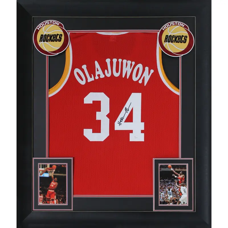 Hakeem Olajuwon Authentic Signed Red Pro Style Framed Jersey Autographed JSA