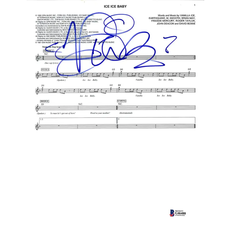 Vanilla Ice Authentic Signed  Ice Ice Baby Music Sheet Photo BAS #G46488