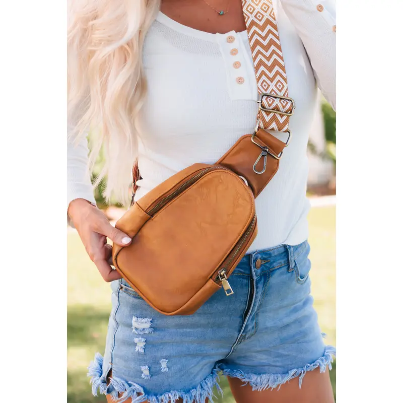 Brown Faux Leather Zipped Crossbody Chest Bag