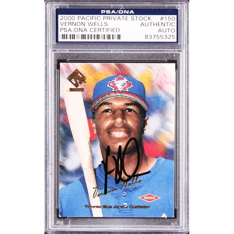 Blue Jays Vernon Wells Signed 2000 Pacific Private Stock #150 RC Card PSA Slab