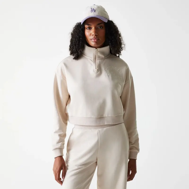 LA Dodgers Womens MLB Tonal Light Beige Cropped 1/4 Zip Sweater