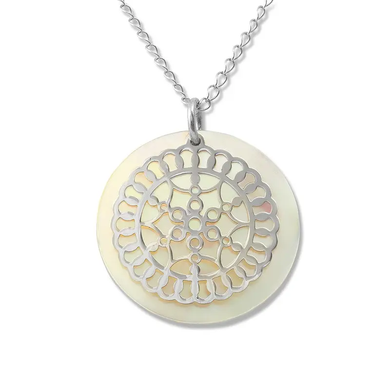 Sterling Silver Designed Circle with Flat Round MOP Disc Necklace