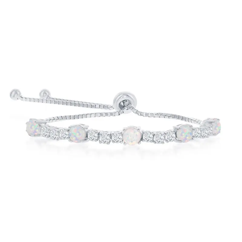 Sterling Silver Alternating Four-Prong CZ & White Opal Adjustable Bolo Bracelet