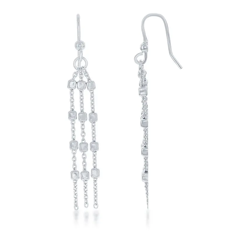 Sterling Silver Triple Strand Square Bead Earrings