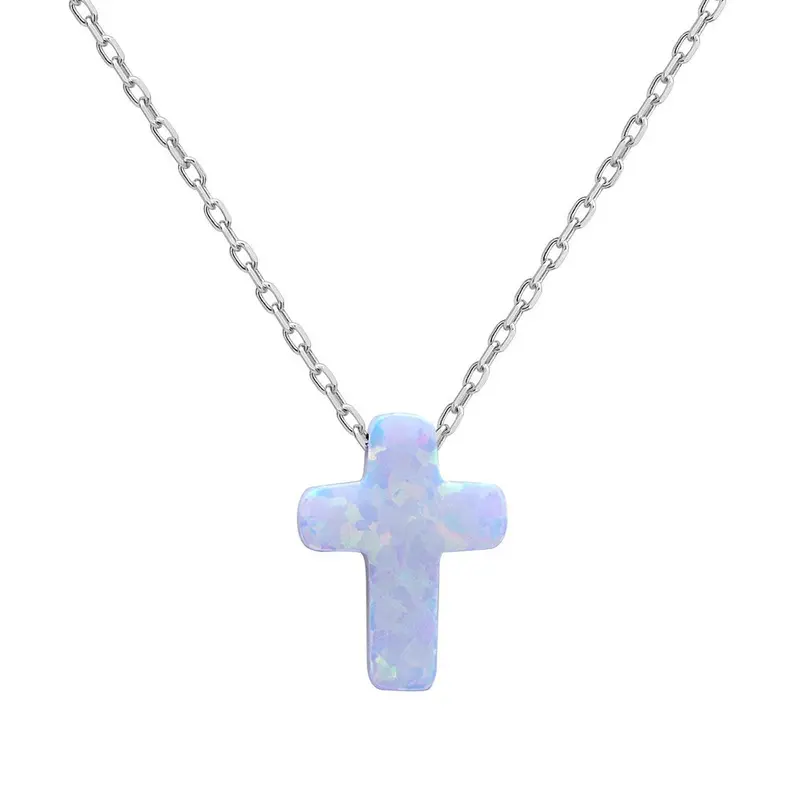 Sterling Silver Small White Opal Cross Necklace