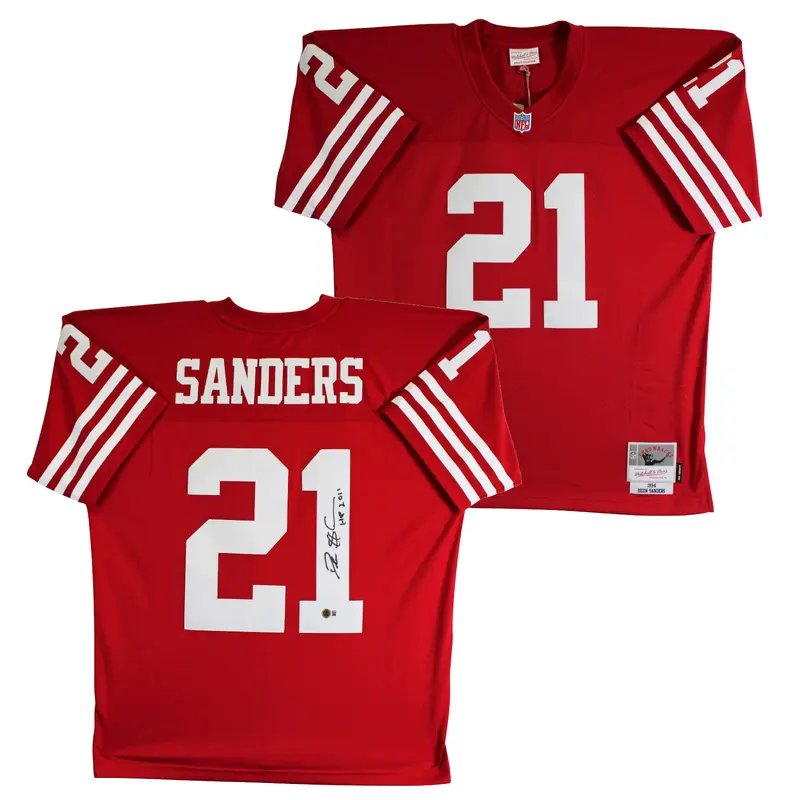 49ers Deion Sanders "HOF 2011" Authentic Signed Red M&N TB Jersey BAS Witnessed
