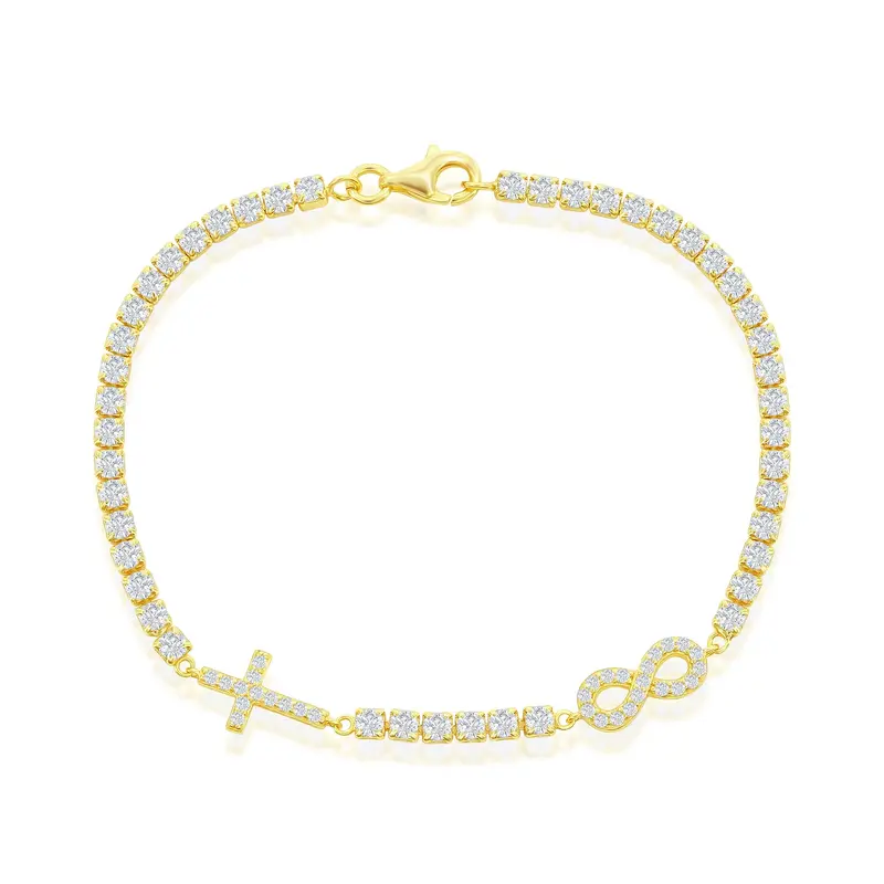 Sterling Silver, Infinity & Cross Tennis Bracelet - Gold Plated