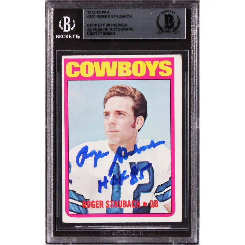 Cowboys Roger Staubach "HOF 85" Signed 1972 Topps #200 RC Card BAS Slabbed  1