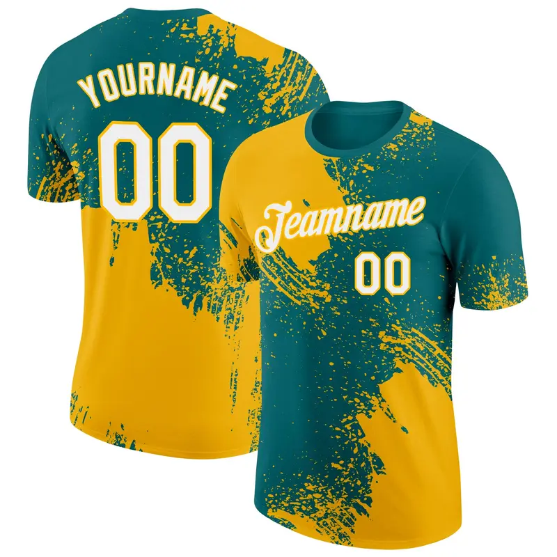 Custom Teal White-Gold 3D Pattern Design Abstract Brush Stroke Performance T-Shirt