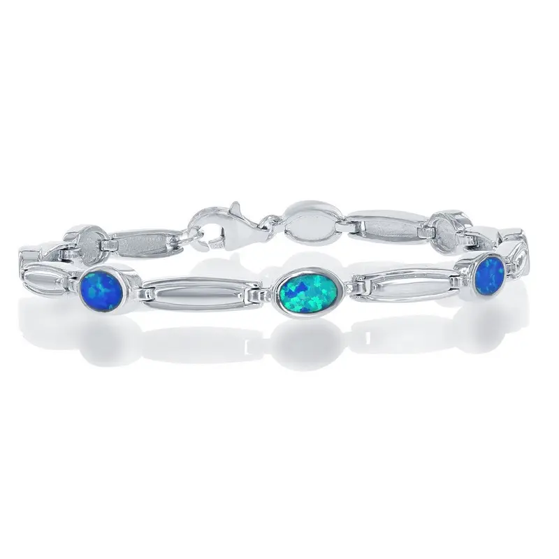 Sterling Silver, Blue Inlay Opal Ovals and Silver Bars Alternating Bracelet
