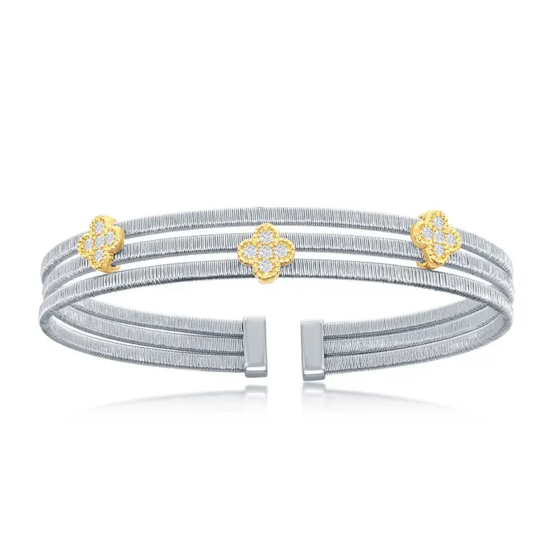 Sterling Silver Flower CZ Design Triple Wire Bangle, Bonded with 14K Gold Plating