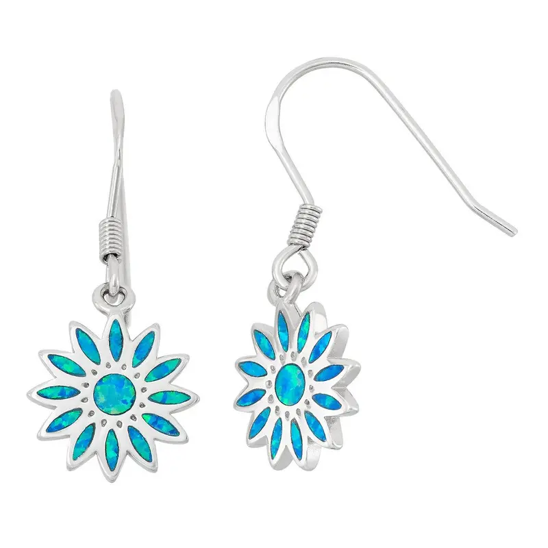 Sterling Silver Blue Inlay Opal Daisy Dangling Earrings