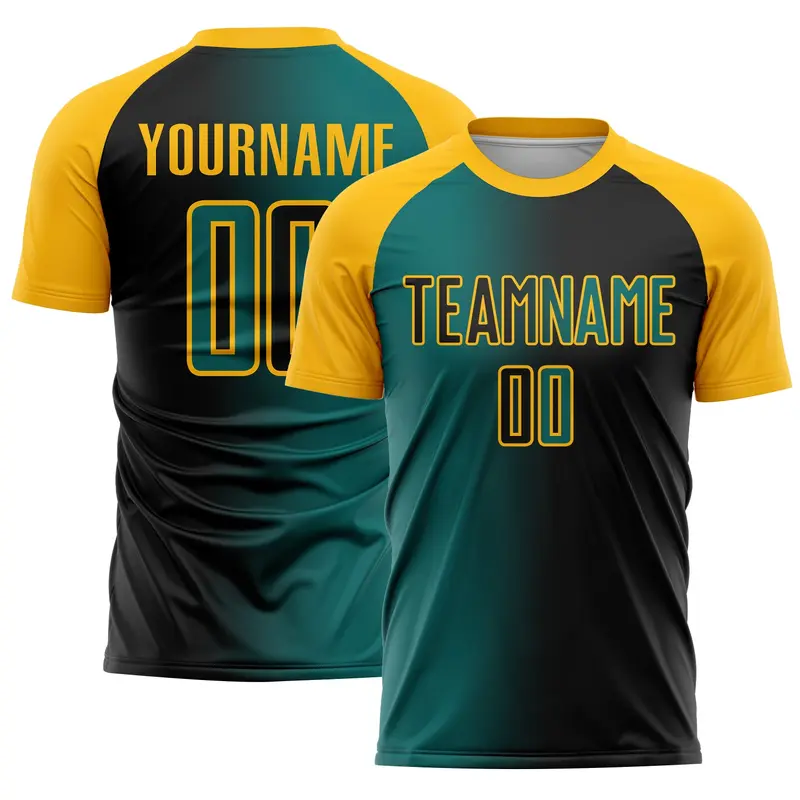 Custom Black Teal-Gold Sublimation Gradient Fashion Soccer Uniform Jersey