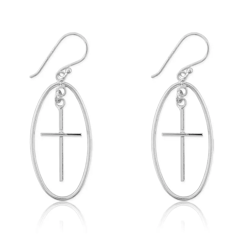 Sterling Silver, Large Oval Cross Earrings
