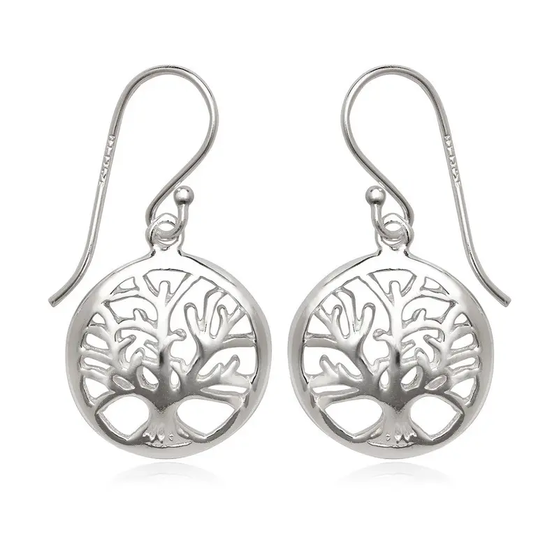 Sterling Silver Round Open Circle with Center Tree Earrings