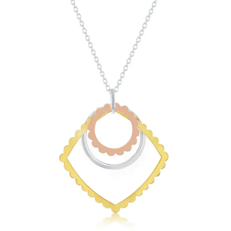 Sterling Silver Tri Color Open Square and Circles Necklace