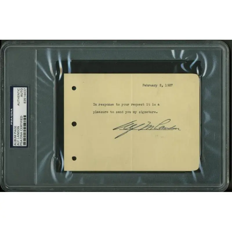 Alf Landon Authentic Signed 4.25X6 February 1937 Album Page PSA/DNA Slabbed
