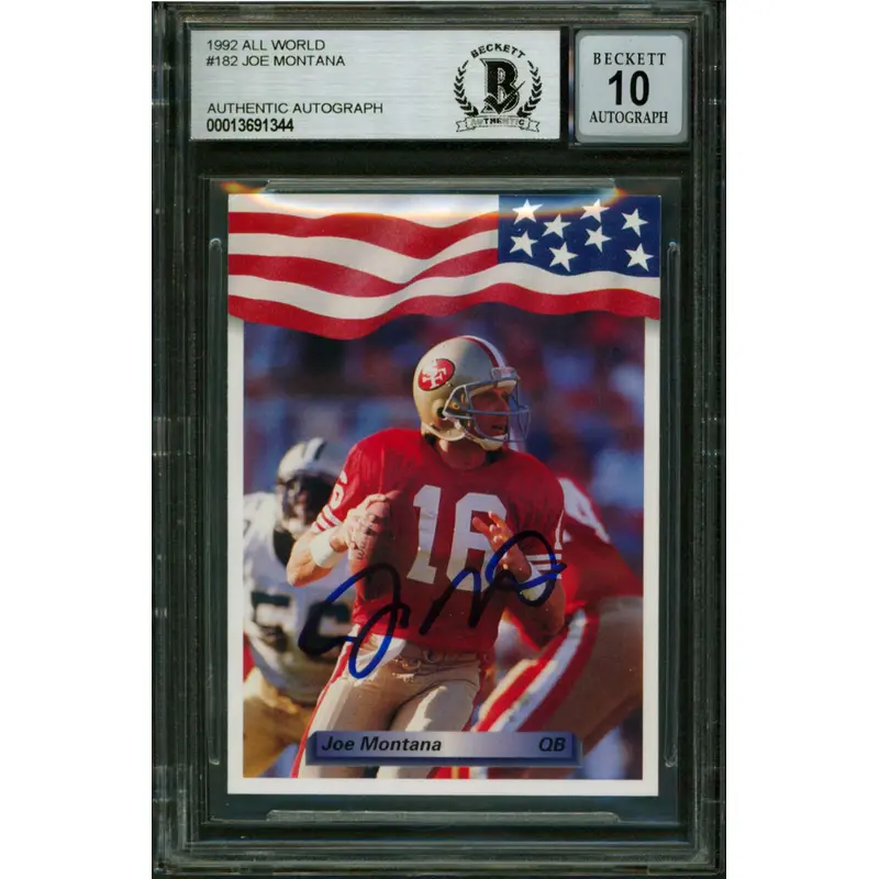 49ers Joe Montana Authentic Signed 1992 All World #182 Card Auto 10! BAS Slabbed