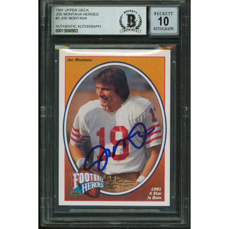 49ers Joe Montana Signed 1991 Upper Deck Heroes #2 Card Auto Graded 10! BAS Slab