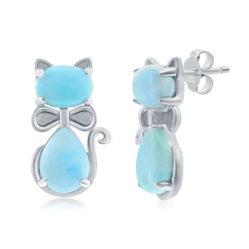 Sterling Silver Larimar Cat Stud Earrings
