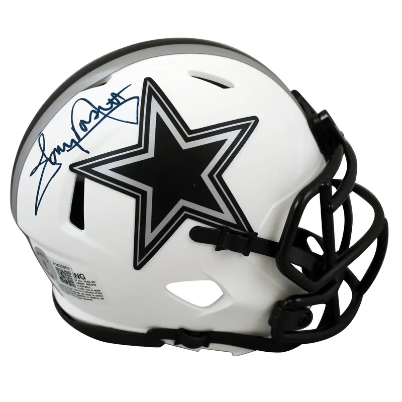 Cowboys Tony Dorsett Signed Lunar Speed Mini Helmet w/ Navy Blue Sig BAS Witness