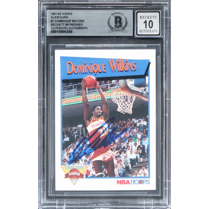 Hawks Dominique Wilkins Signed 1991 Hoops Slam Dunk #2 Card Auto 10! BAS Slabbed