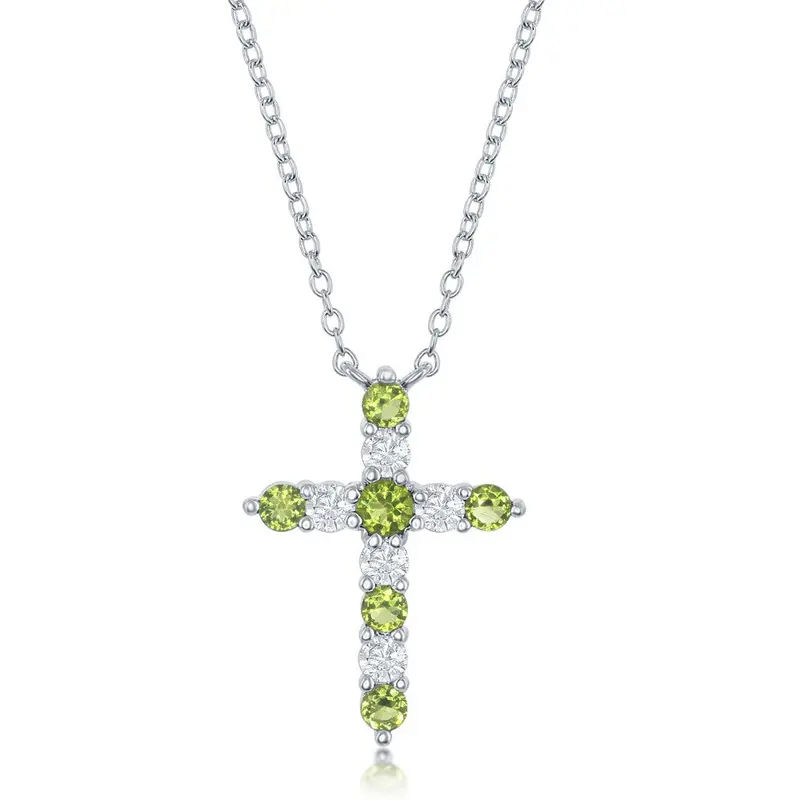 Sterling Silver Peridot CZ 'August Birthstone' Cross Necklace