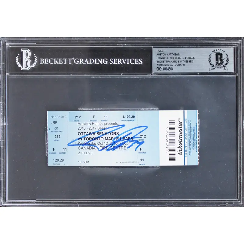 Maple Leafs Auston Matthews Signed 10/12/2016 NHL Debut Ticket Stub BAS Slabbed