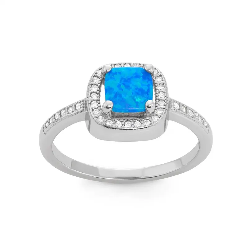 Sterling Silver Square Blue Inlay Opal with Micro Pave CZ Border Ring