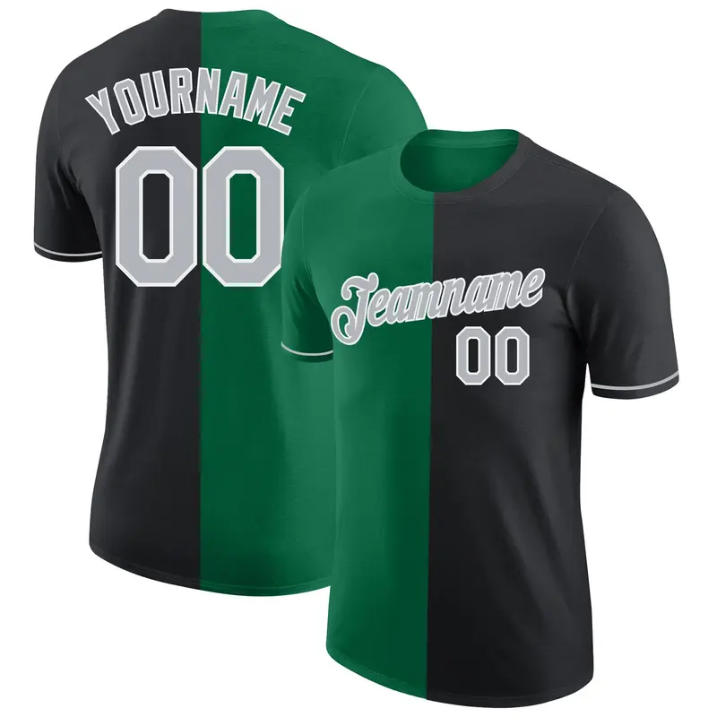 Custom Black Gray-Kelly Green Split Fashion Performance T-Shirt