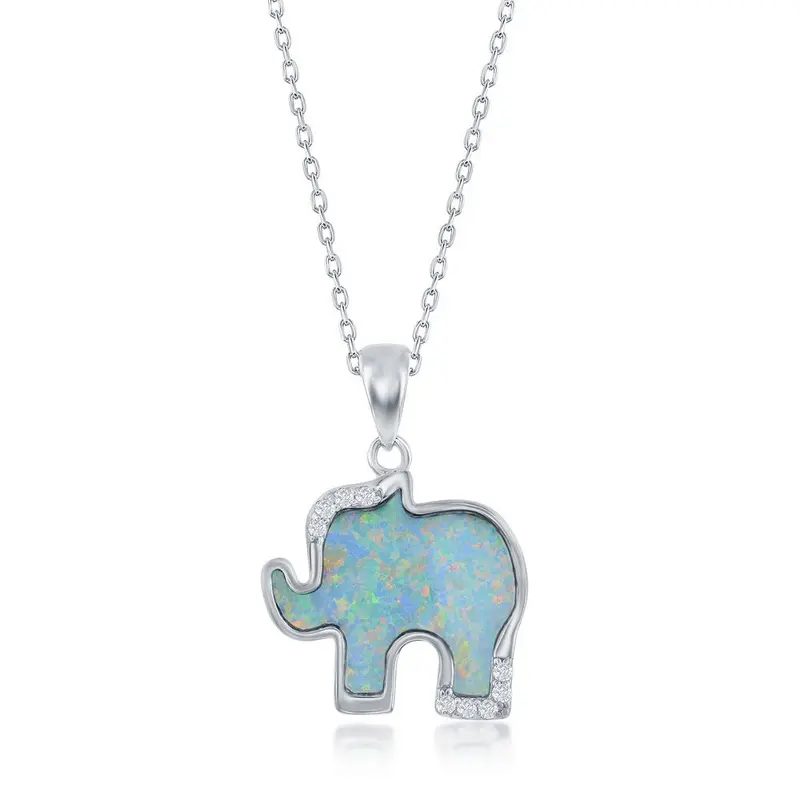 Sterling Silver White Inlay Opal & CZ Elephant Necklace