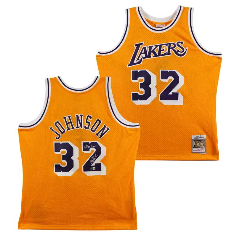 Lakers Magic Johnson "Showtime" Signed Yellow M&N HWC Swingman Jersey BAS Wit