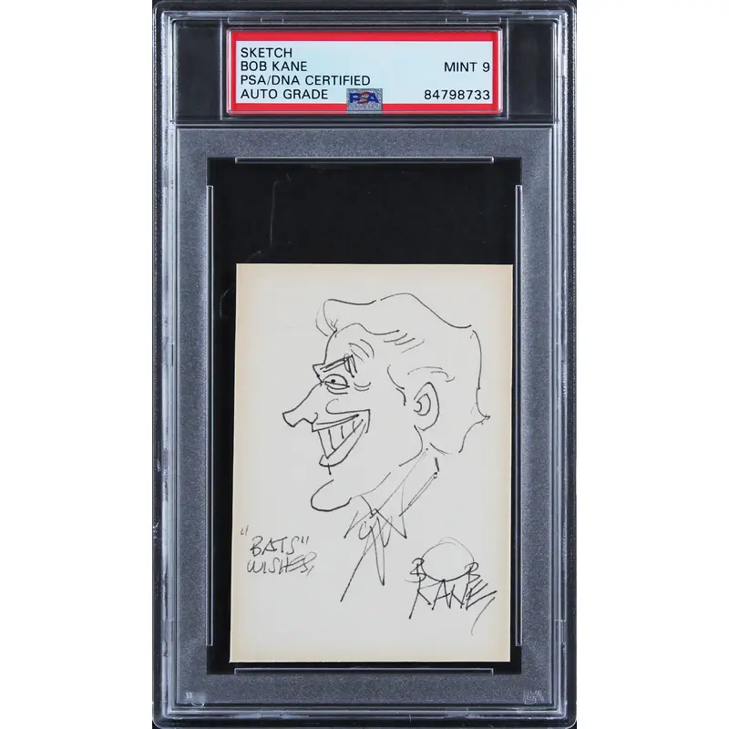 Bob Kane "Bats Wishes" Signed 2.75x4 Joker Sketch Auto Graded 9! PSA/DNA Slabbed