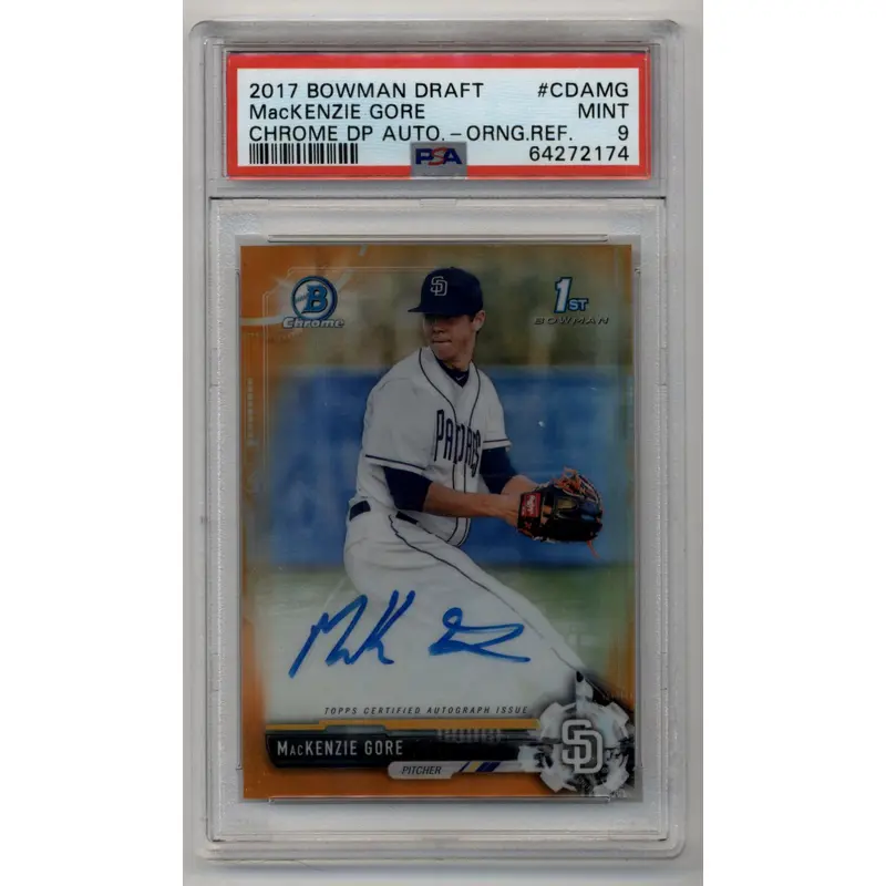 MacKenzie Gore 2017 Bowman Chrome Draft Picks Orange Refractor Auto 06/25 PSA 9 Mint