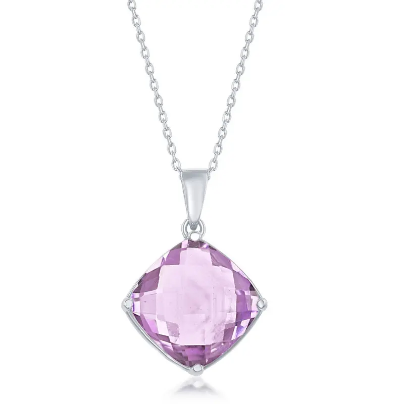 Sterling Silver Four-Prong Checkered 7.58cttw Pink Amethyst Necklace