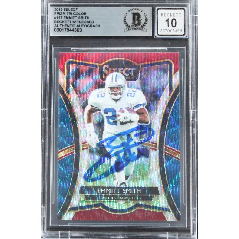Emmitt Smith Signed 2019 Select Prizm Tri Color #197 Card Auto 10! BAS Slabbed