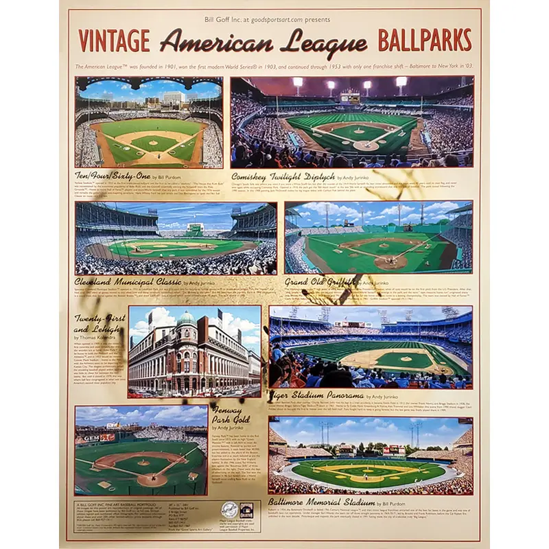 Vintage American League Ballparks Poster (8 Classic Stadiums) - Bill Goff Inc. 2001