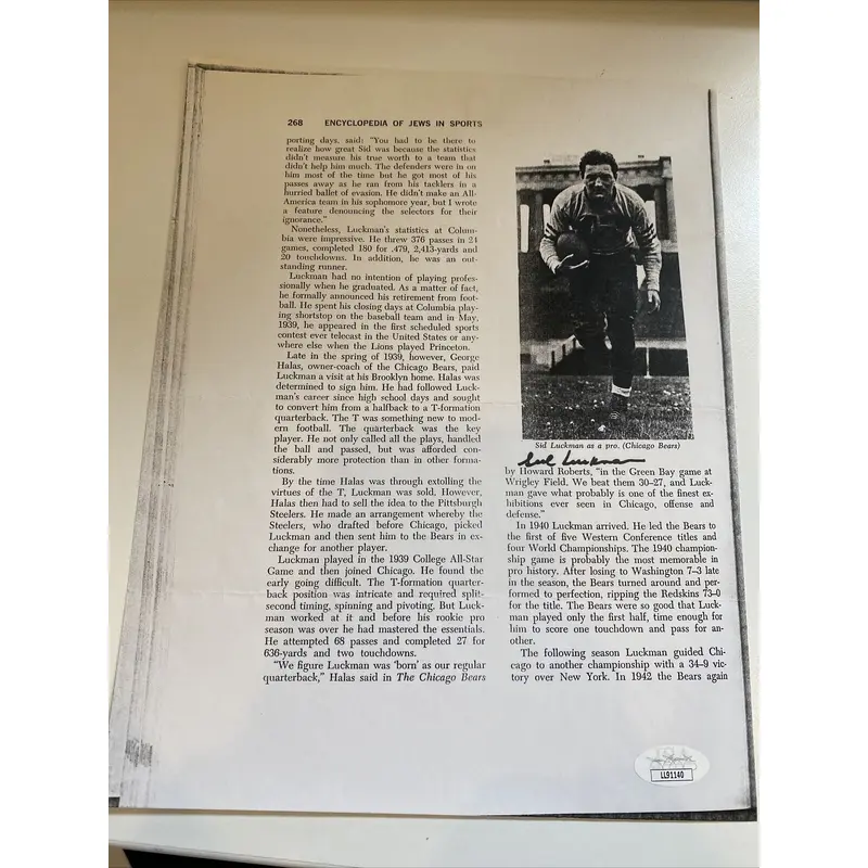 Sid Luckman Signed Autographed Photo Sheet JSA COA
