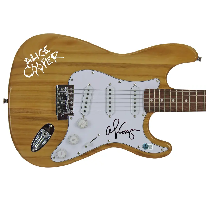 Alice Cooper Authentic Signed Natural Electric Guitar w/ Decal BAS Witnessed