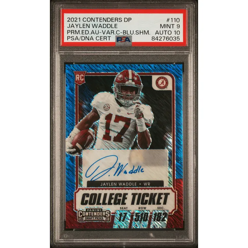 Jaylen Waddle 2021 Contender Draft Blue Shimmer Auto #21/27 PSA 9 Auto 10