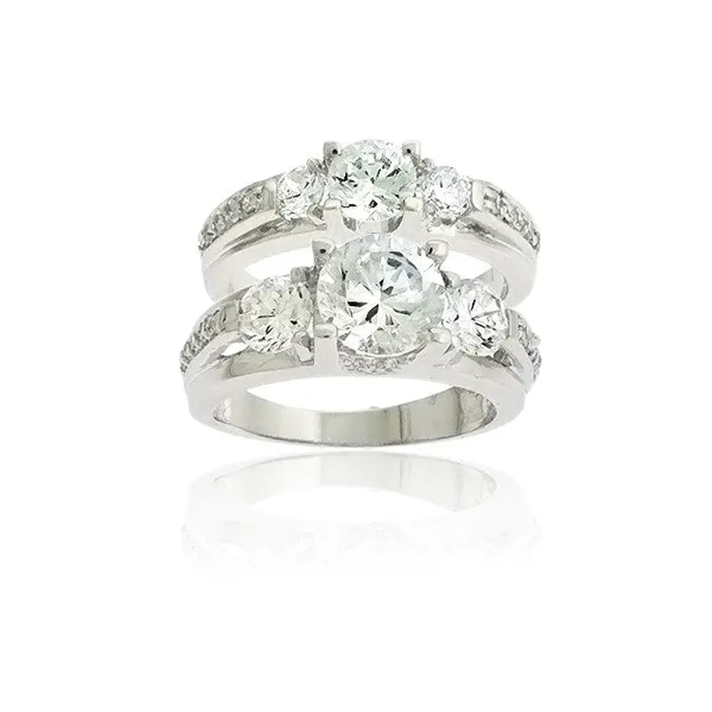 Sterling Silver 3 Center Circle and Small Surrounding Clear CZ Engagement Ring