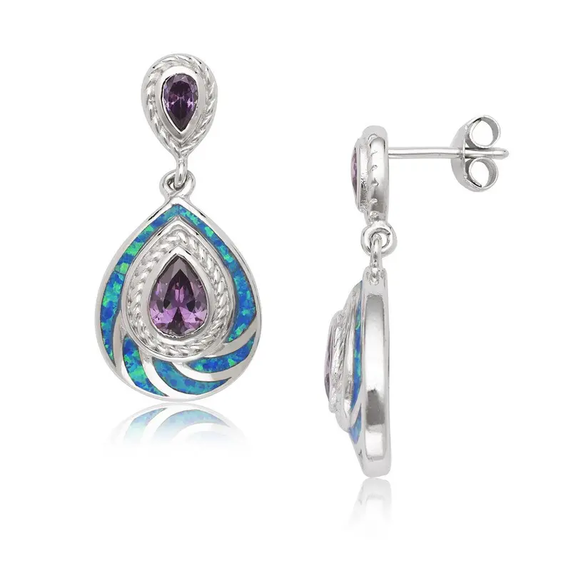 Sterling Silver Blue Inlay Opal and Purple CZ Double Teardrop Earrings