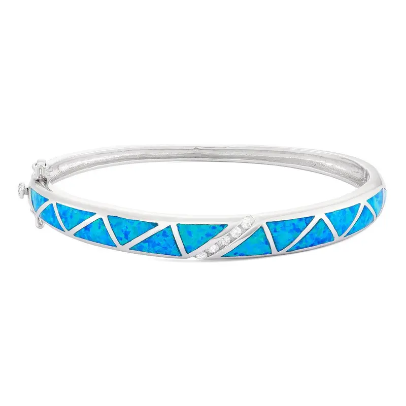 Sterling Silver CZ And Blue Inlay Opal Bangle