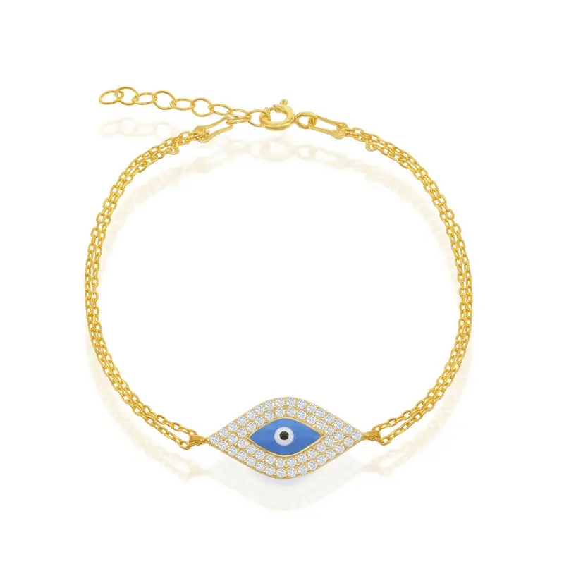 Sterling Silver Double-Strand w/ Center CZ and Blue Evil Eye Bracelet - Gold Plated