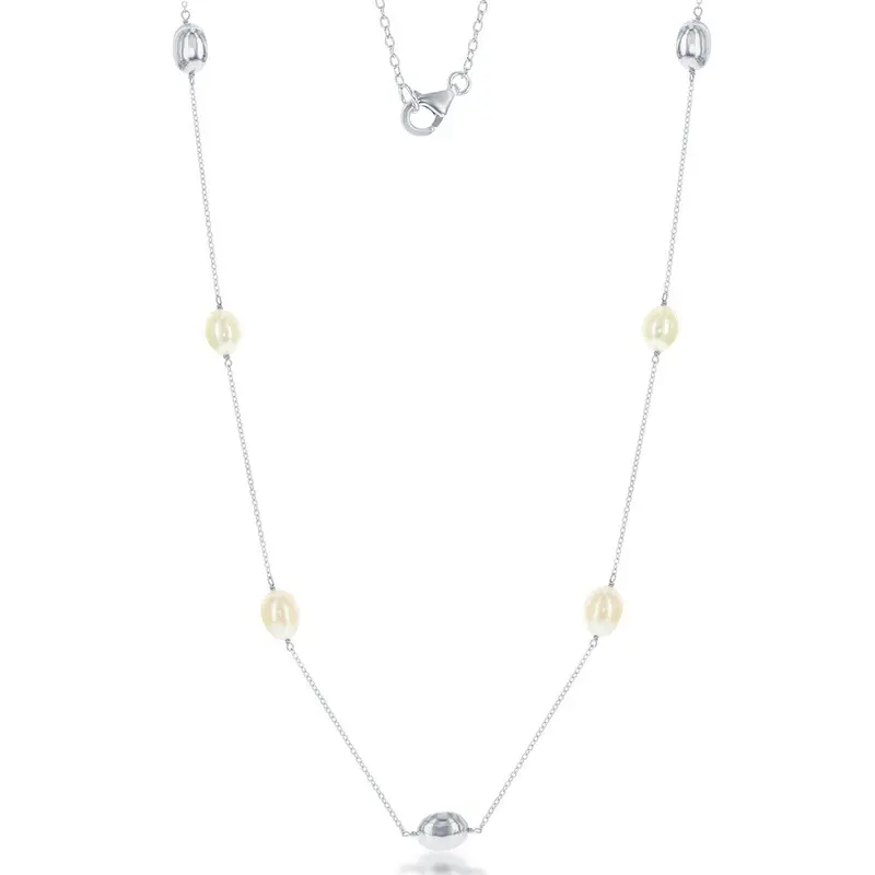 Sterling Silver Oval Freshwater Pearls with Shiny Beads Necklace