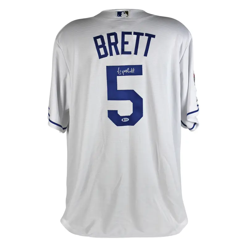 Royals George Brett Signed White Majestic Jersey w/ 2015 WS Champions Patch BAS