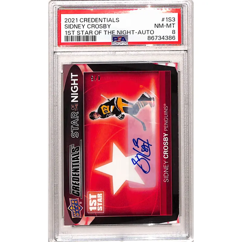 Sidney Crosby 2021 Upper Deck Credentials 1st Star Auto #4/5 PSA 8 Nm-Mint