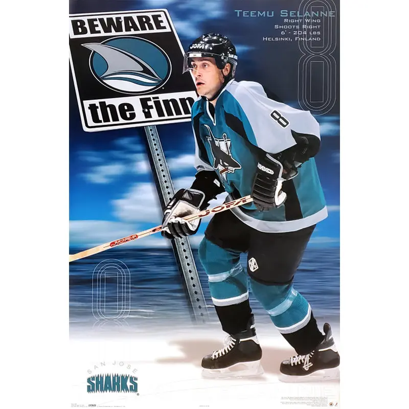 Teemu Selanne "Beware the Finn" San Jose Sharks NHL Action Poster - Costacos 2002