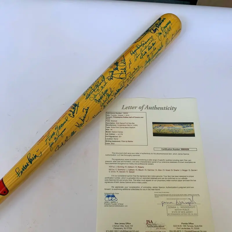 Incredible Shibe Park Philadelphia A's & Phillies Legends Signed Bat 57 Sigs JSA