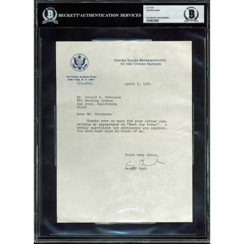 George H.W. Bush Signed 6.75x9 1971 Letter On UN Ambassador Letterhead BAS Slab